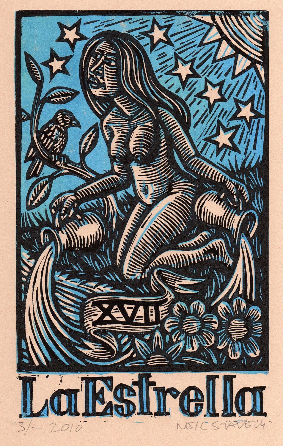 print 8x10 card Hand The La Tarot Estrella Star Linocut Card Print Pulled