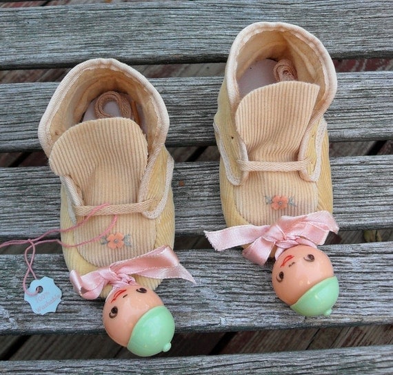 Vintage baby booties or shoes with face rattle size 1