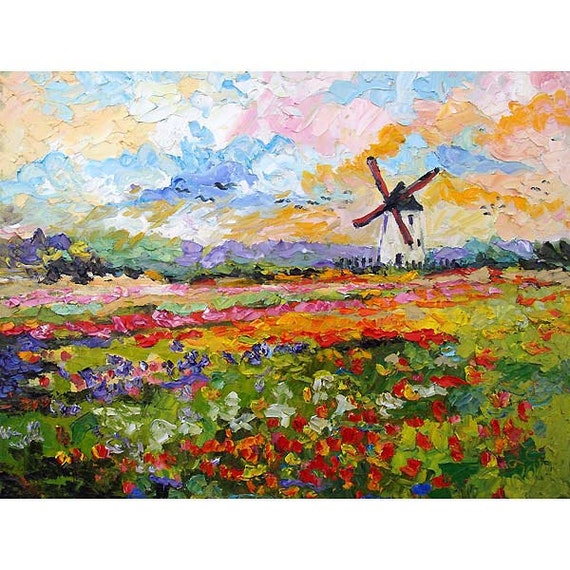 Tulips Grow Wild Spring Countryside Impressionist Original Oil Painting on Linen by Ginette