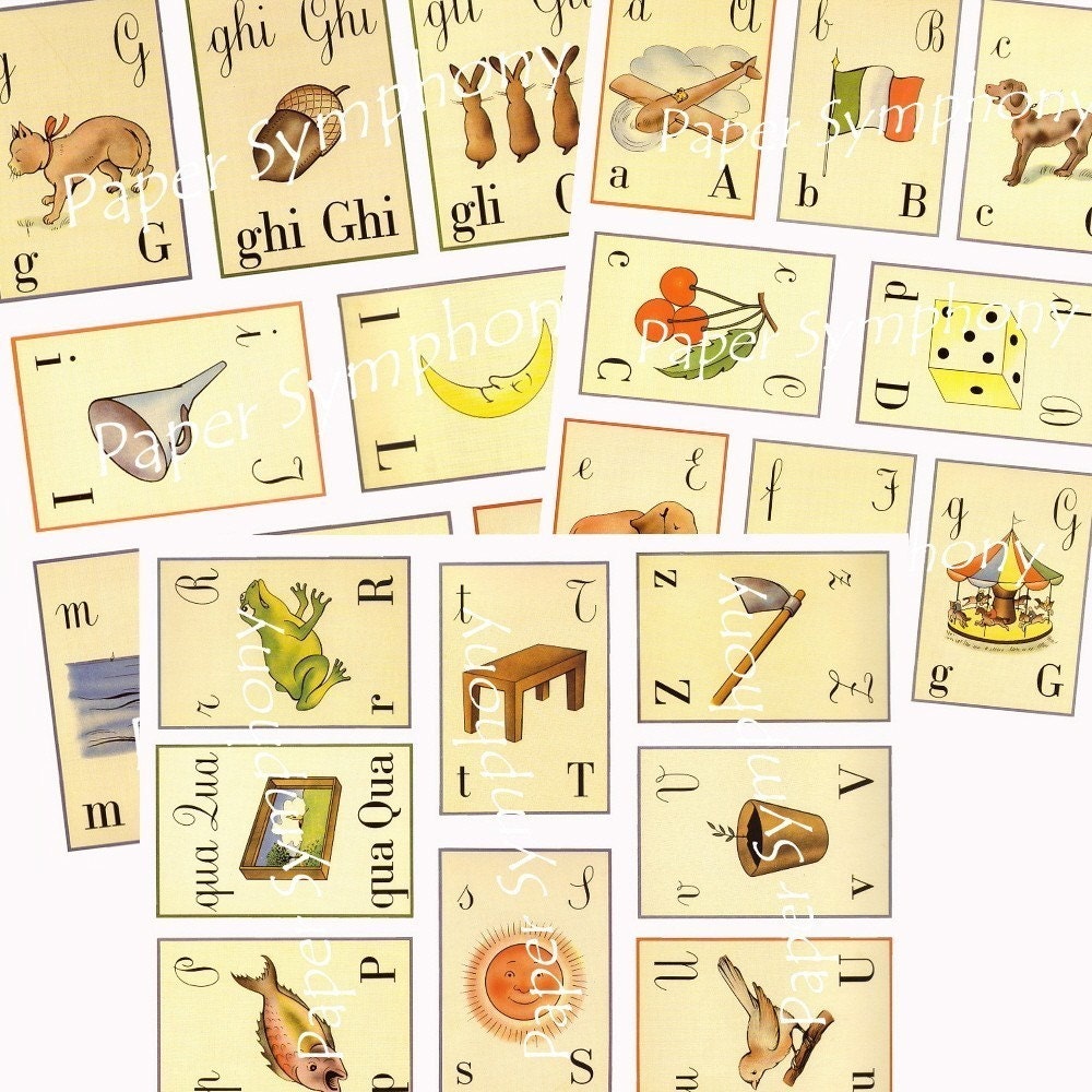 Vintage Inspired Italian Alphabet Flash Cards Digital Collage