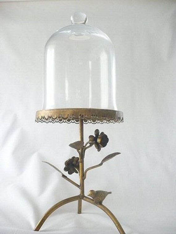 Glass Dome Metal Pastry Stand Cloche Bell Jar With Bird