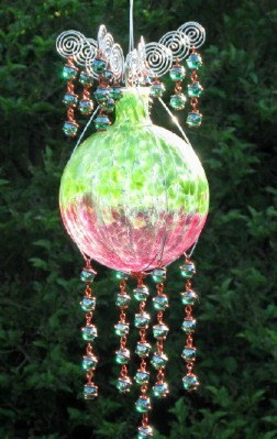 Hanging Glass Gazing Ball with Copper Wrapped Marble Prisms