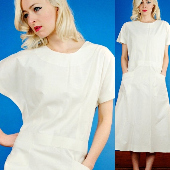 White Starched Cotton Vintage 50s Nurse Uniform Dress XL Extra