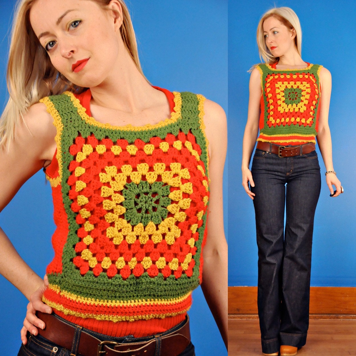 Vintage 60s 70s Modhippie Hand Crochet Sweater Vest Xss 0397