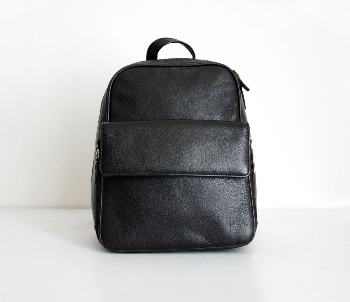 BLACK LEATHER BACKPACK 1990s Vintage Black Book Bag Purse