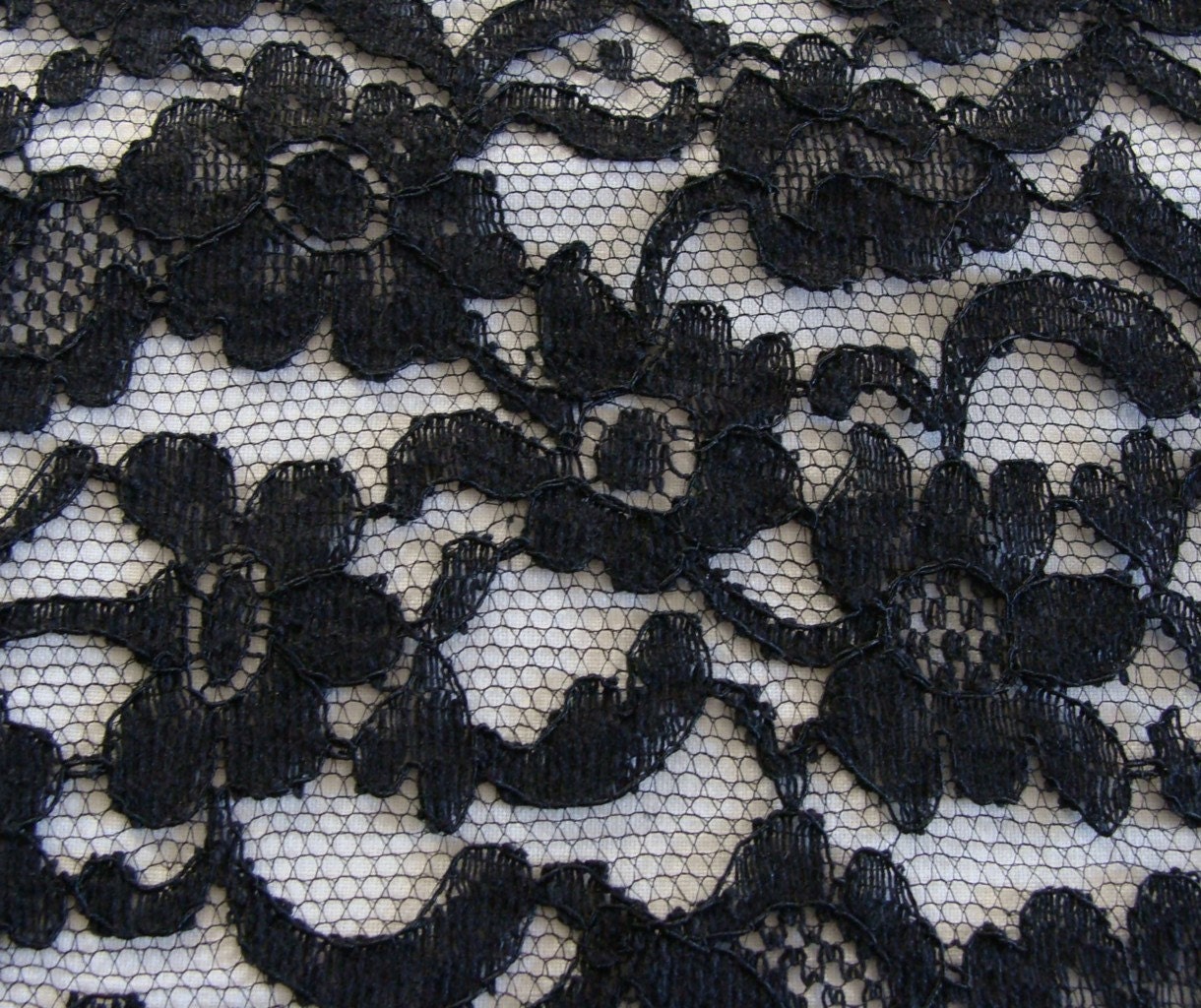 SALE Vintage Black Embroidered Net Lace Fabric by SewingVineyard