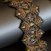 Beaded Bracelet in Dark Amber, Black and Olive Green, Feather / Fern Shaped Pattern. Beadwoven Bracelet. Wide Bracelet. S124