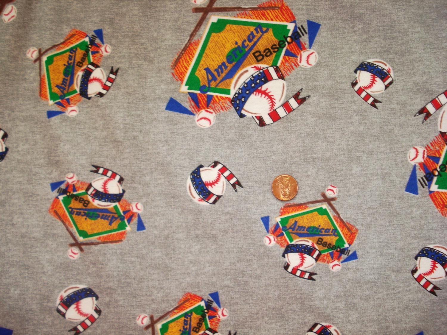 American Baseball on grey Cotton Jersey Knit Fabric 1 YD