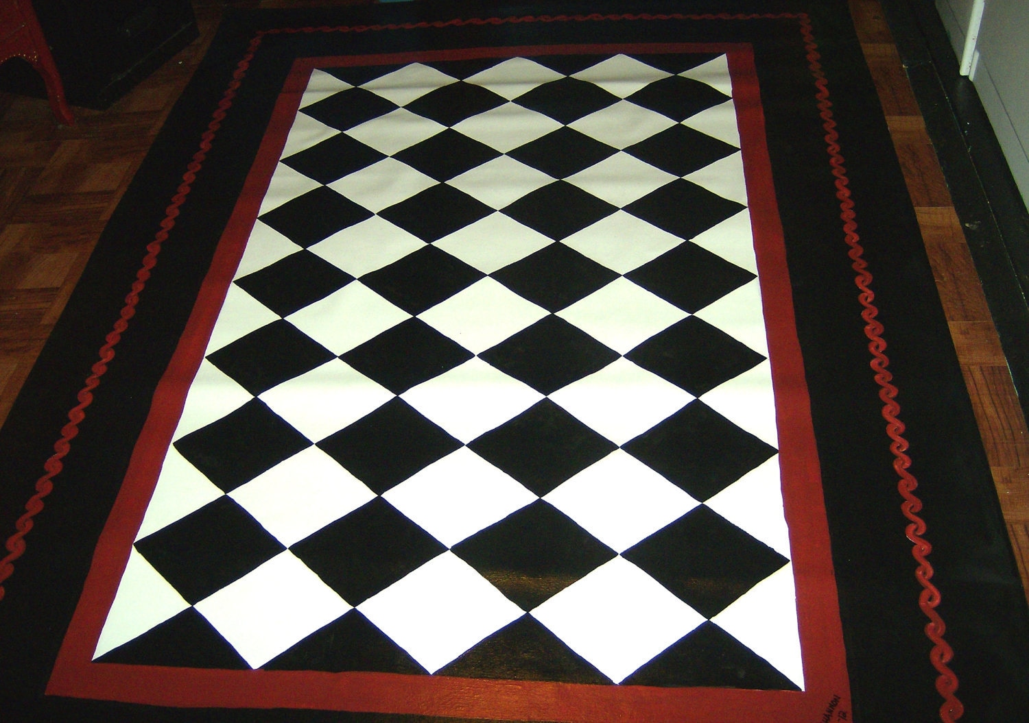 FLOORCLOTH Black and White Diamond Pattern hand painted rug