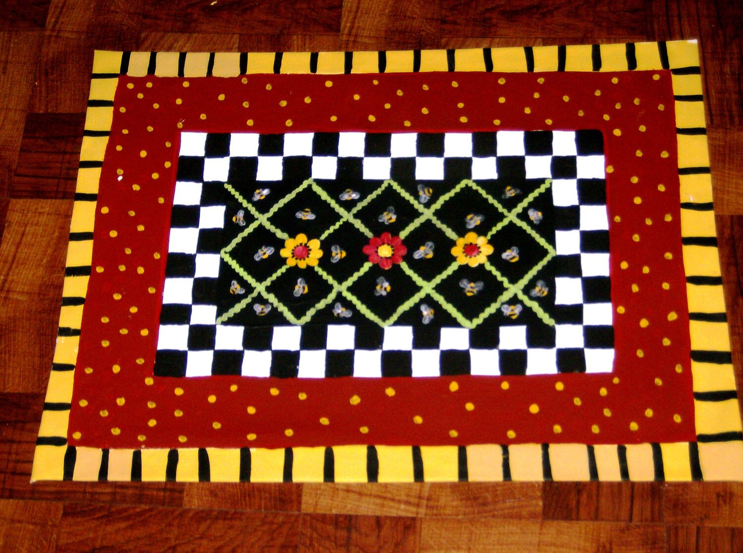 FLOORCLOTH hand painted rug Cottage Decor Shabby BEES