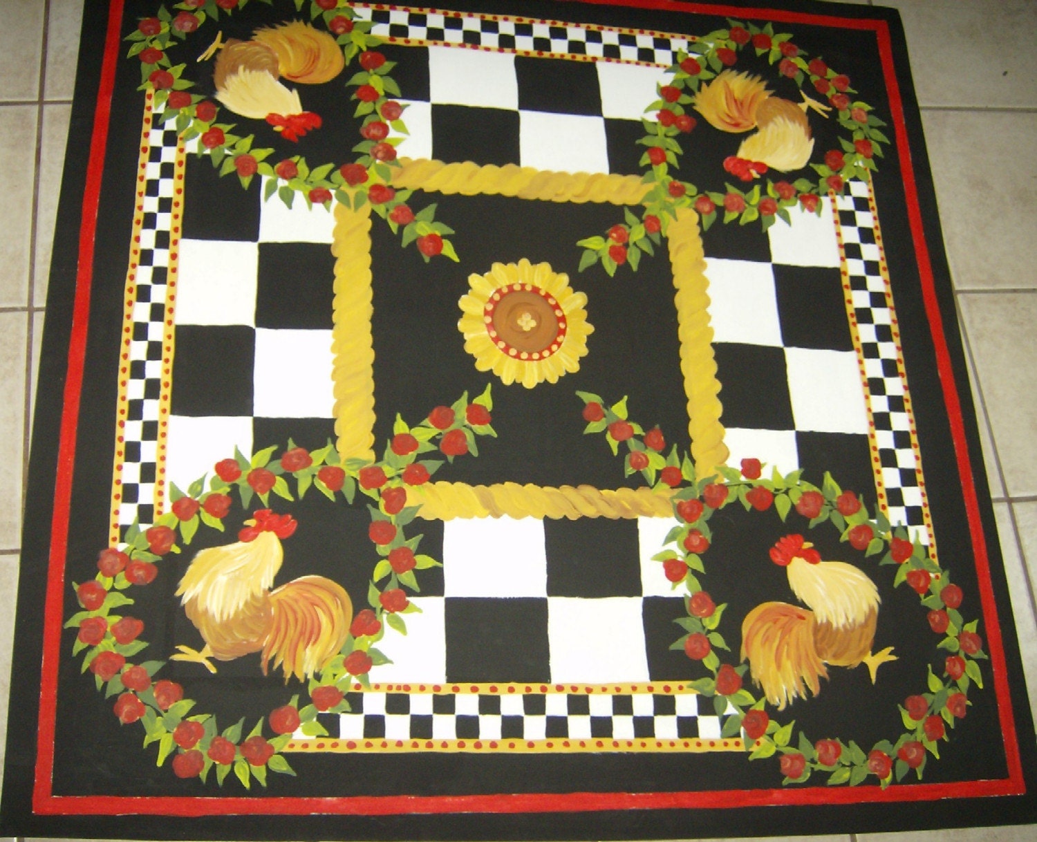 French Country ROOSTER FLOORCLOTH / Hand Painted Canvas Rug