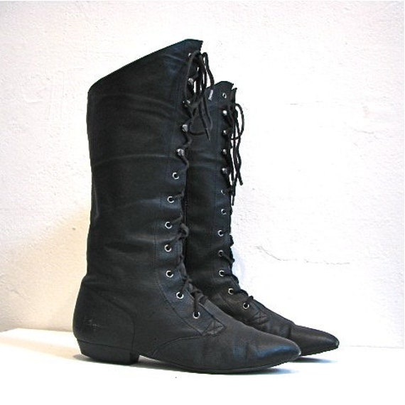 black leather MID CALF lace up COMBAT boots by 20twentyvintage