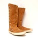 size 10 MOCCASIN tan leather 70s HANDMADE silver metal BUTTONS midcalf boots