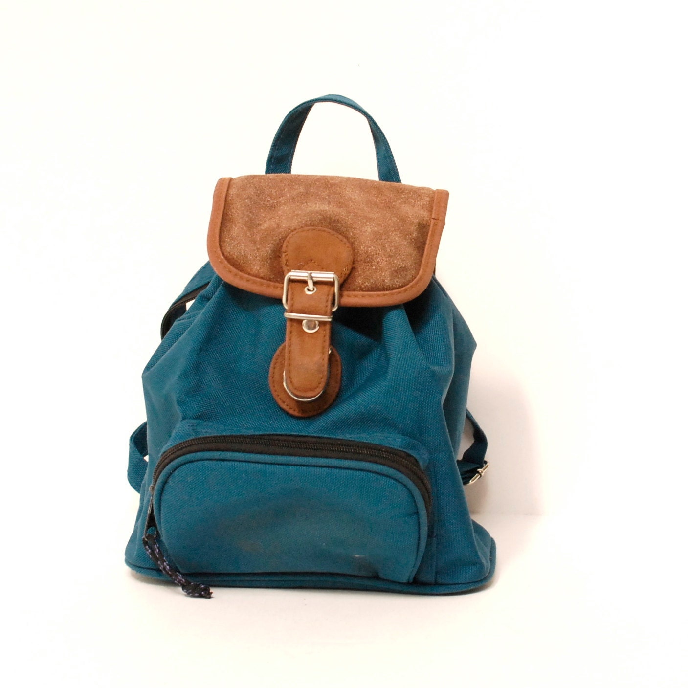 TURQUOISE canvas 80s BROWN SUEDE mini small backpack
