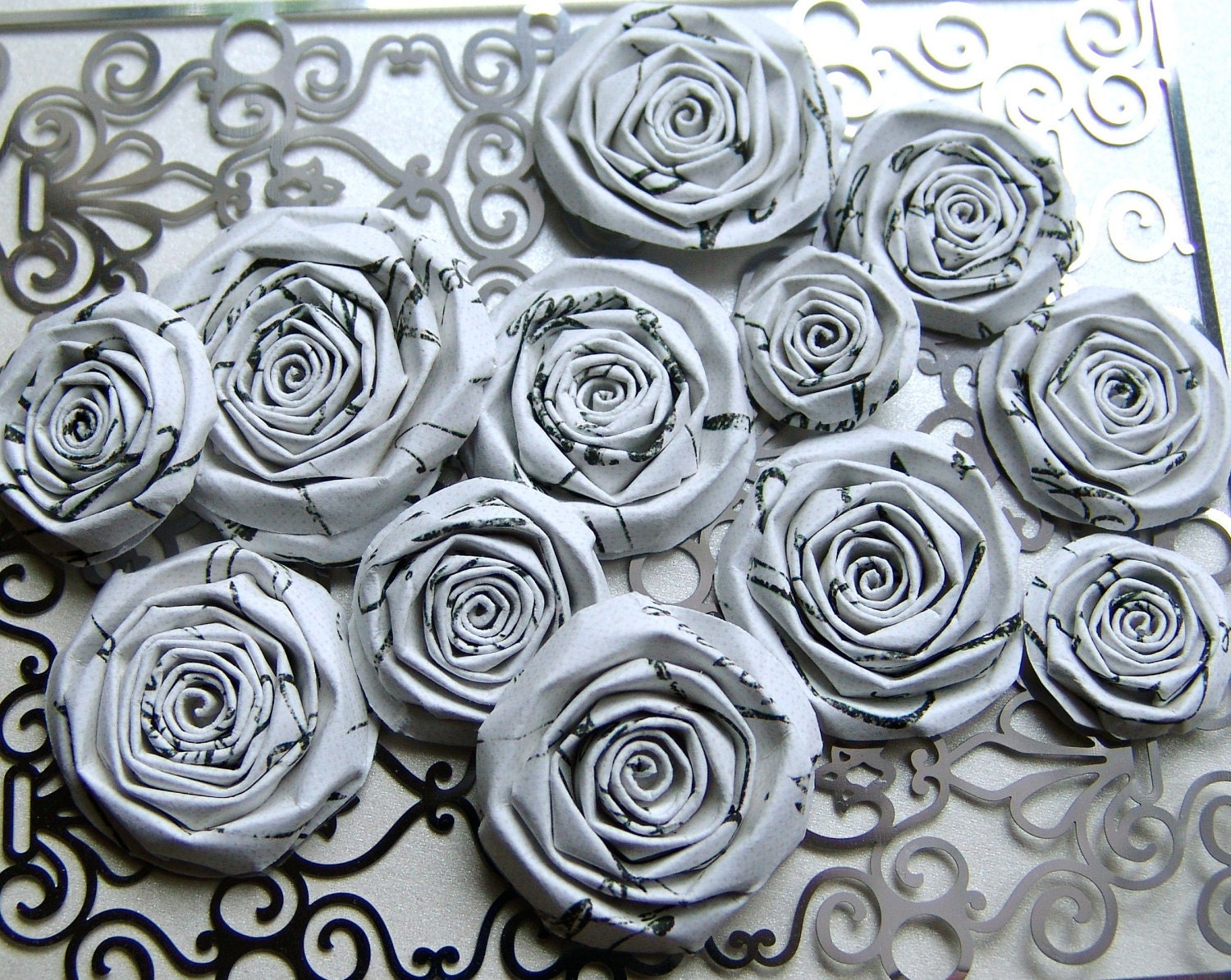 Black and White handmade paper flowers set of 10 by ilovethis