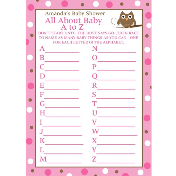 game baby shower a-z OWL to Cards Game A Z Shower 24 Baby Personalized BABY