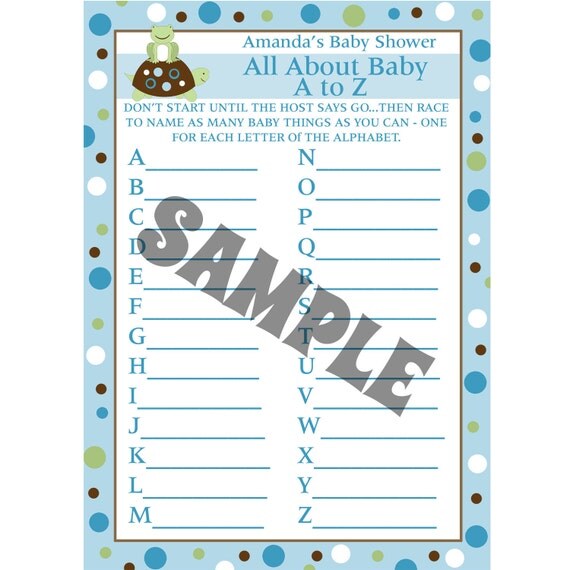 24 Personalized Baby Shower A to Z Game Cards Turtle and