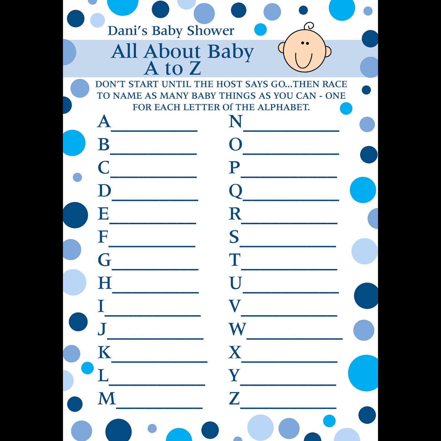 name shower game baby a-z Shower 24 to Baby Z Cards Game Personalized Blue Polka A