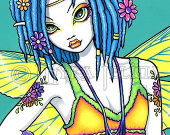 Rainbow Hippie Fairy Canvas Art OOAK ACEO Harmony CU Embellished