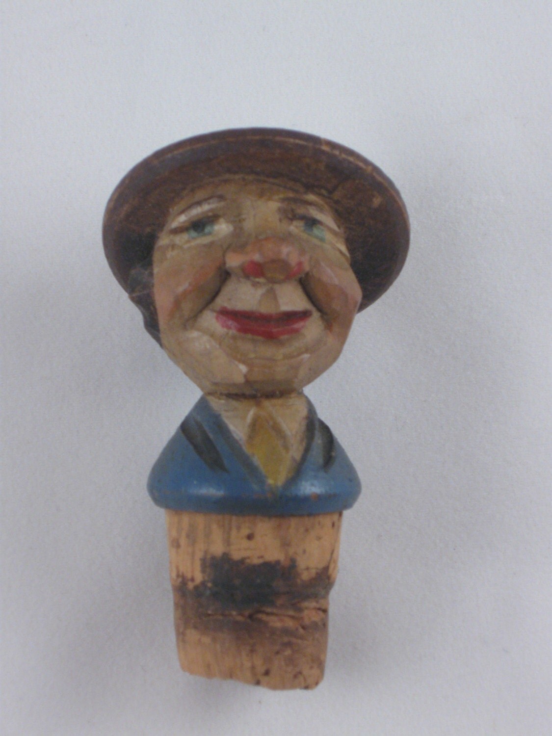 Hand Carved Wood Man in Hat Bottle Stopper Germany