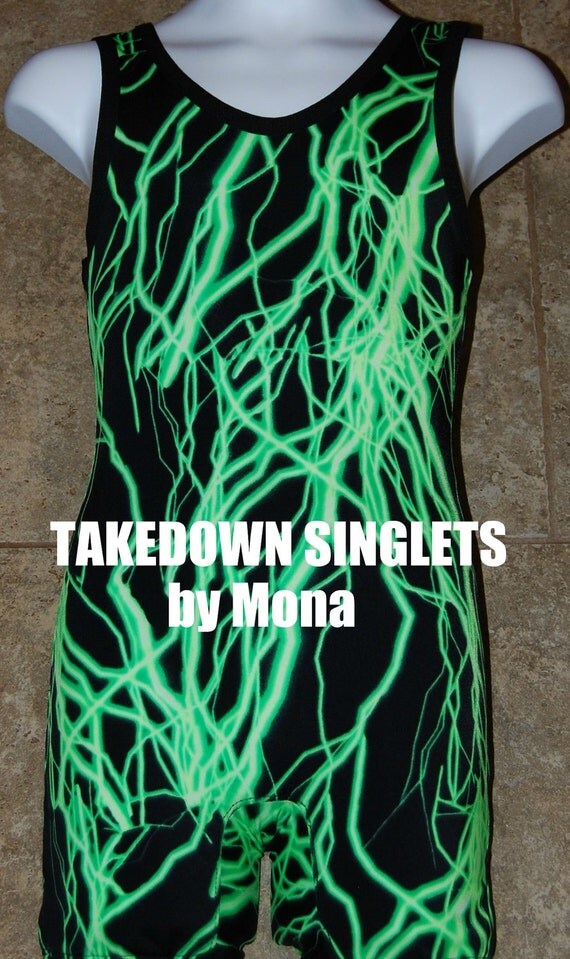 Custom Wrestling Singlets Youth Sizes Green Lightning
