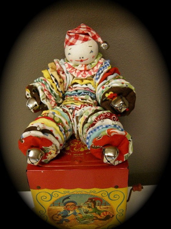 Jingle Bell Jack Fabric YoYo Clown Doll Handstitched Face