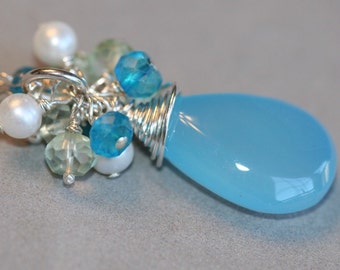 Blue Chalcedony Necklace, Pearl Quartz Cluster Necklace, Sterling Silver Necklace, Blue Necklace, Pearl Cluster by Maggie McMane Designs