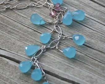 Blue Quartz Y Necklace, Pink Crystal Blue Quartz Drop Necklace, Sterling Silver Necklace, Y Necklace, Blue Necklace by maggie mcmane designs