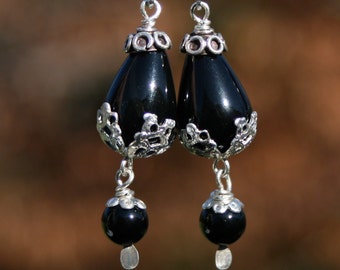 Black Onyx Sterling Silver Drop Earrings w Leverbacks by Maggie McMane Designs