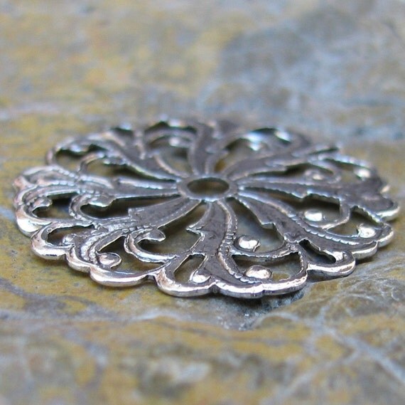 6 Antiqued Silver Brass Round Filigree Jewelry Findings 327