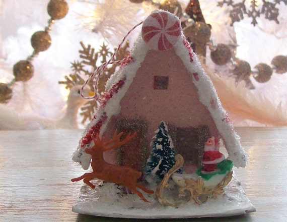 Glitter glitter Style House Putz Vintage vintage Peppermint with Pink house  Sugar Christmas