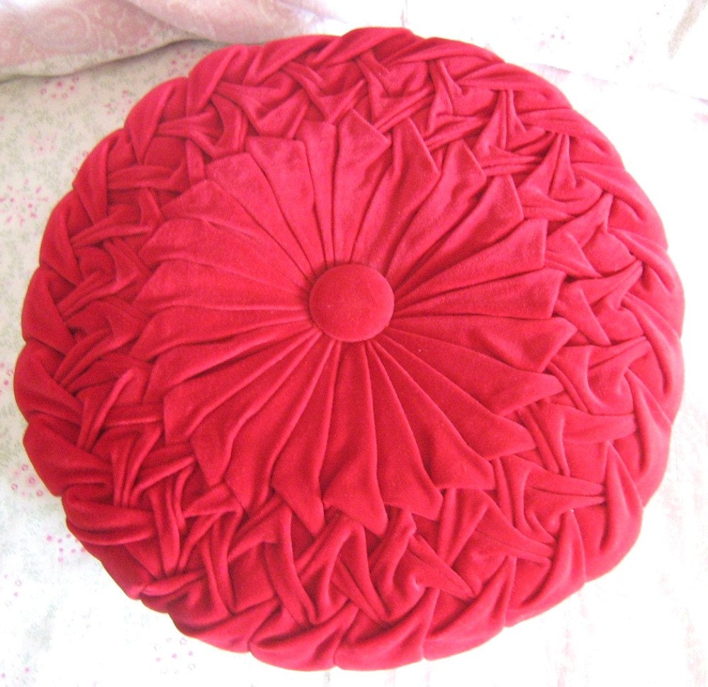 SALE Vintage Velvet Red Ruched Round Pillow