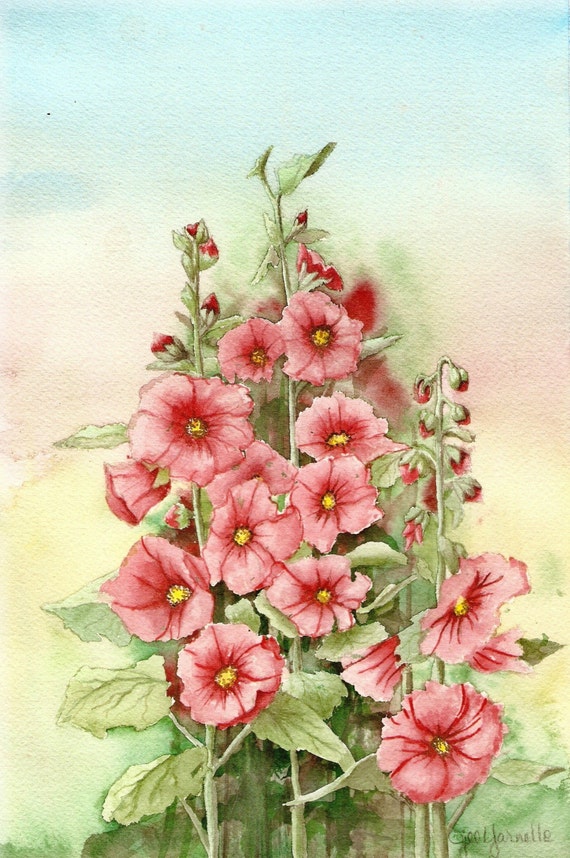 Pink red Hollyhocks original watercolor painting