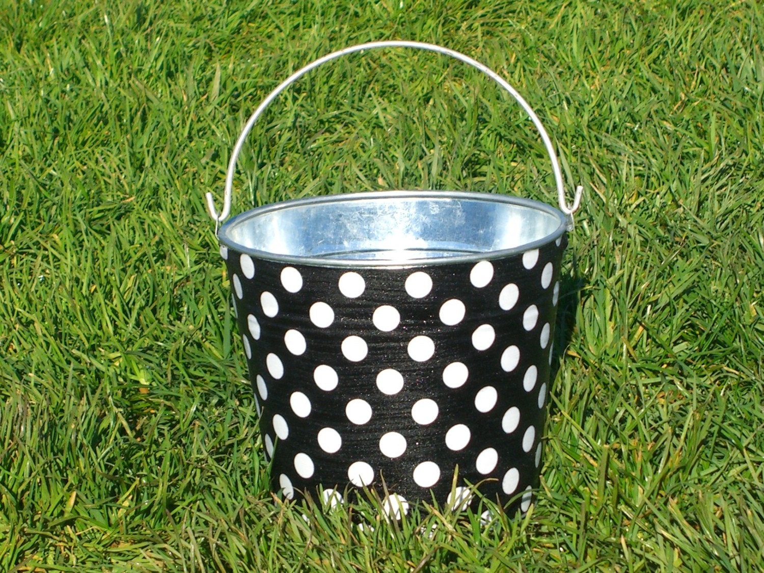Sand Pail Galvanized Metal Black and White Polka Dot