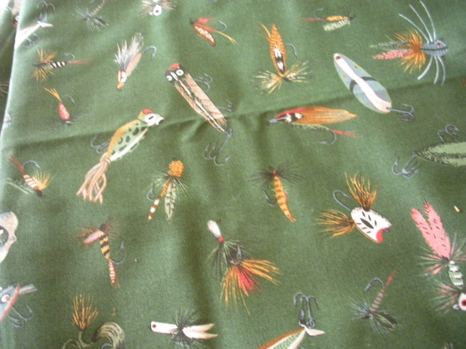 Green Cotton Fabric with a Vintage Fishing Lure Motif