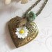 Brass heart locket necklace, white daisy - brass bee charm
