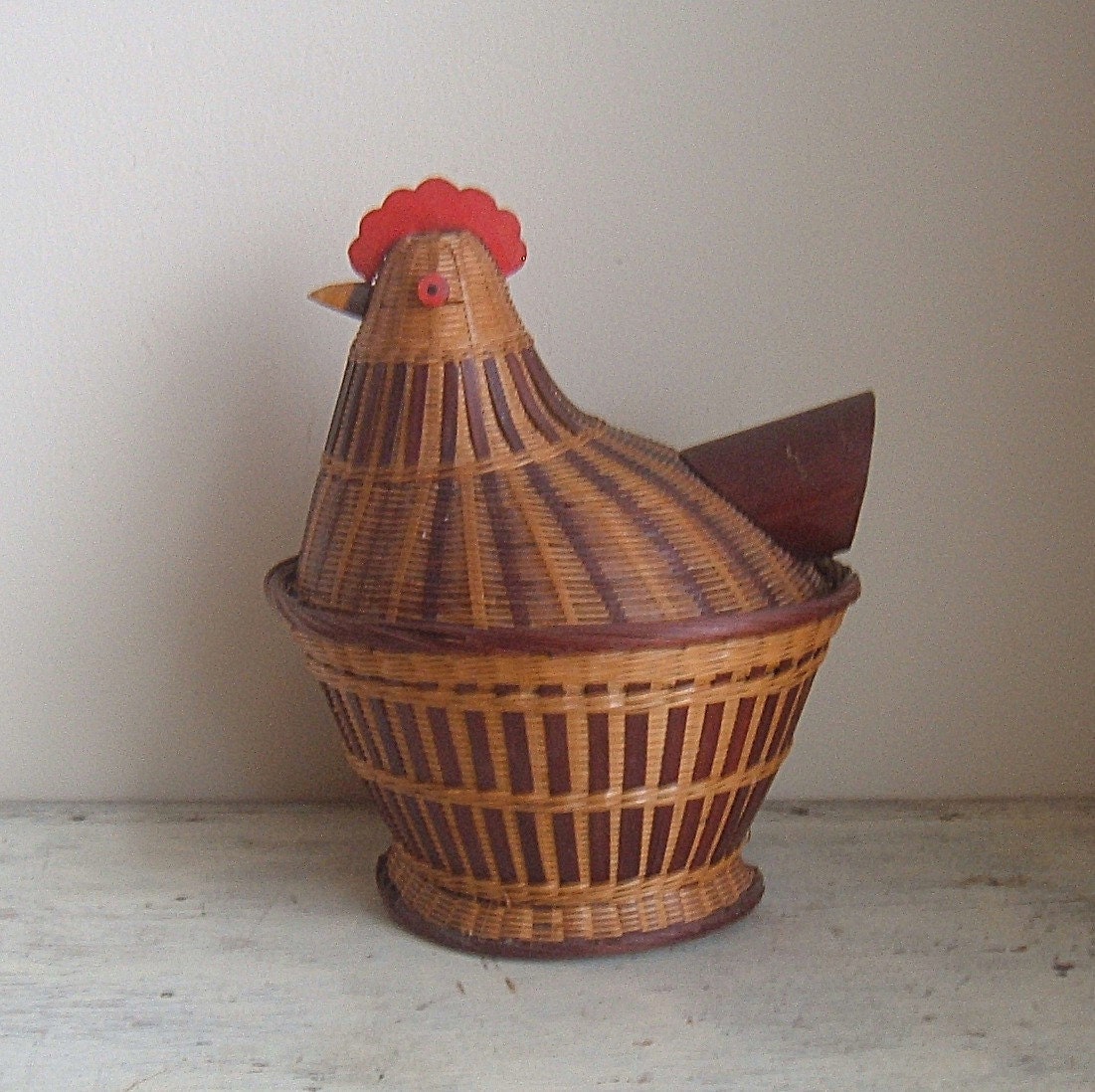 vintage wicker and wood chicken basket