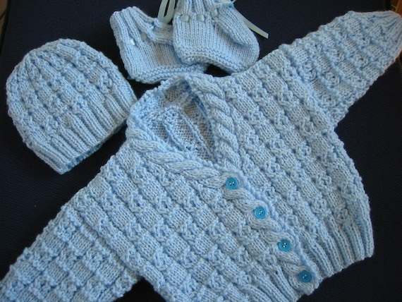 Hand Knitted Newborn Baby Boy Sweater Hat and Booties by barreez