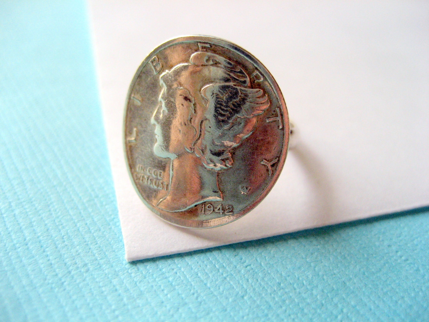 Lady Liberty Mercury Dime Pinkie Ring 1942 with Sterling Band
