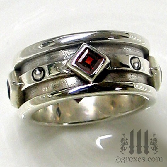 Mens Silver Moorish Gothic Wedding Ring Red Stone