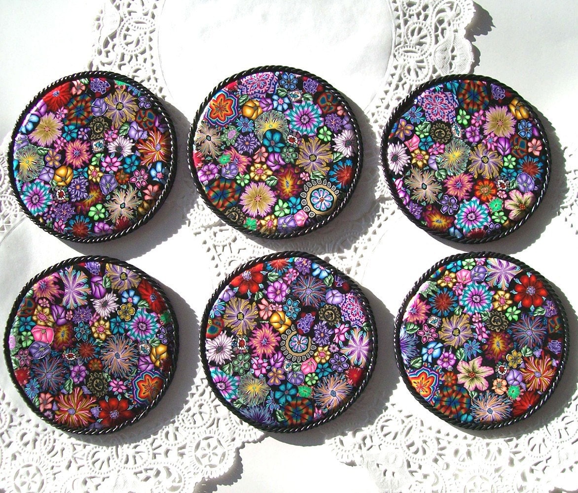 Set of 6 Millefiori Coasters polymer clay design 22 by cathyharm