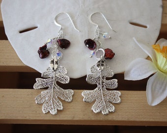 Silver Oak Leaf Earrings, Real Leaf n Pearl n Crystals Sterling Silver Earrings