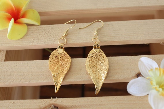 Real Evergreen Leaf 24kt Gold Earrings