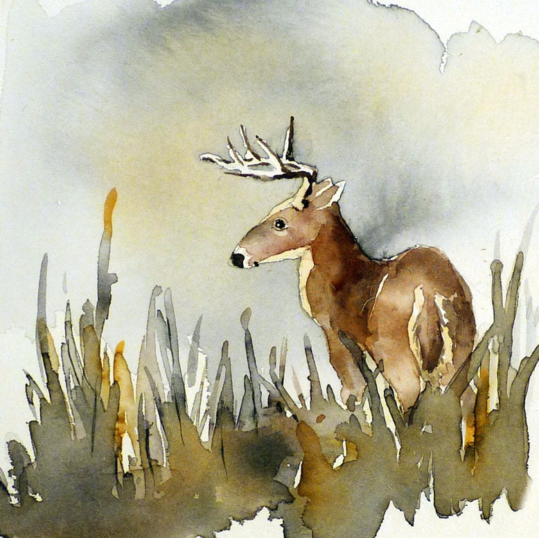 Deer Stag Art Watercolor Painting Original Mothers Day Spring
