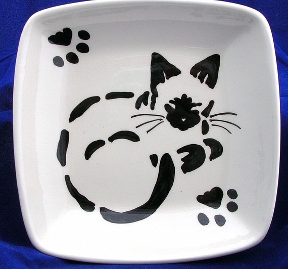 Siamese Stencil Cat Design On Square Dish Handmade Ceramic