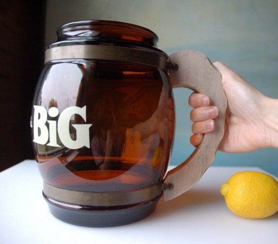 THINK BIG. Giant Vintage Novelty Beer Mug. Brown Glass