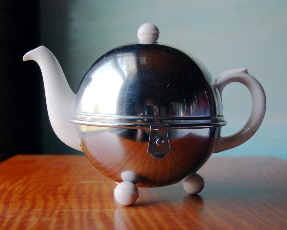 Art Deco Chrome Tea Pot. Vintage White Ceramic w Metal Cosy