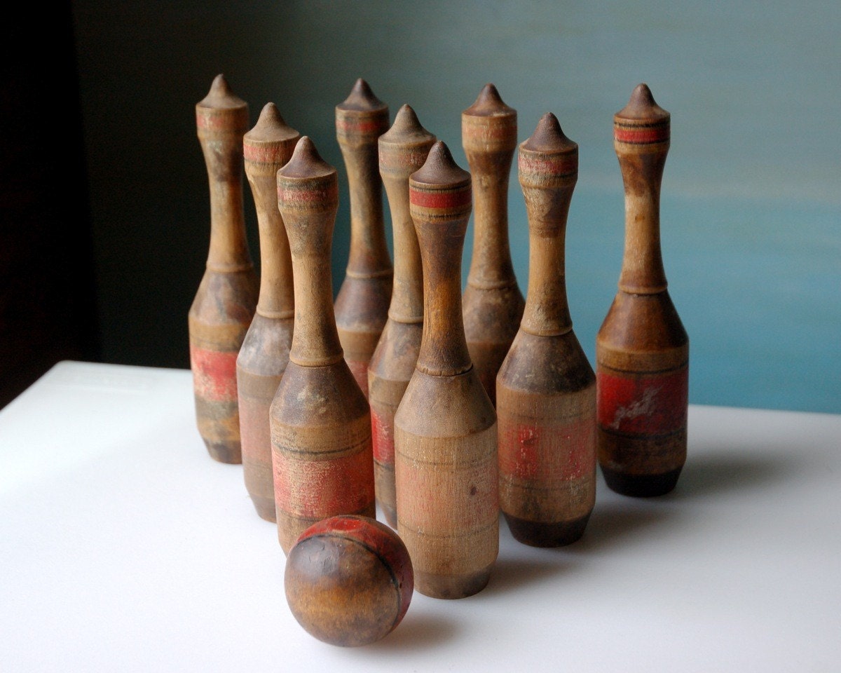 Vintage Wooden Bowling Pins. Old Game