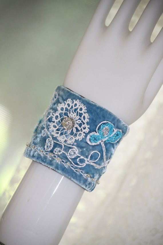 Hand Embroidery Blue Velvet Fabric Cuff Hand Embroidered