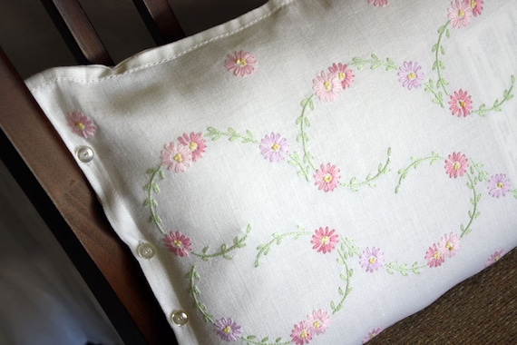 Items similar to Pink Shabby Chic Daisies Pillow Hand embroidered Vintage Linen on Etsy